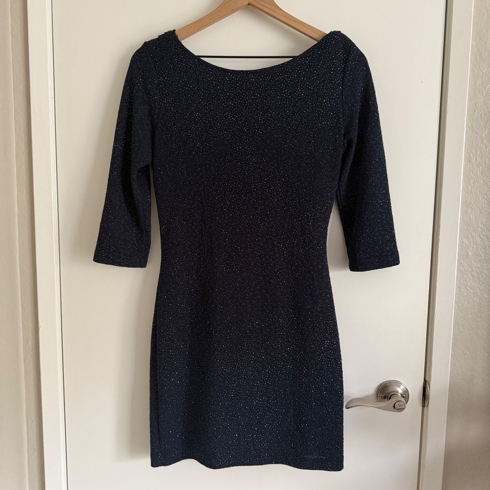 Windsor Navy Blue Glitter Cowl Back Dress 3/4 Sleeve Sparkly Cocktail Chic